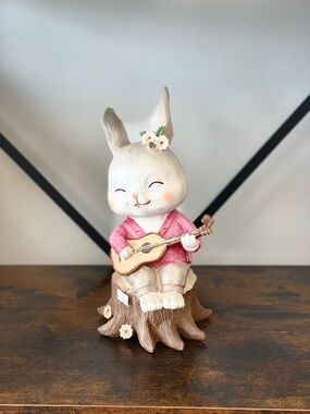 Charming Pink Bunny Figurine with Guitar Home Accent